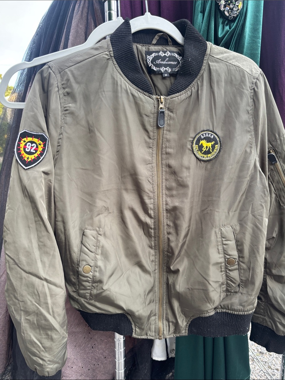 Ambiance Olive Green Bomber Jacket with Patch Details